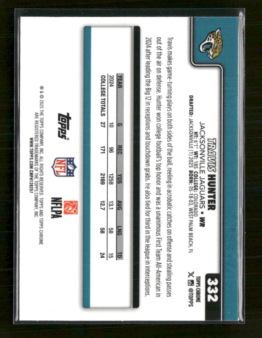 2025 Topps Chrome Aqua Refractor Travis Hunter Rookie #/199 #332