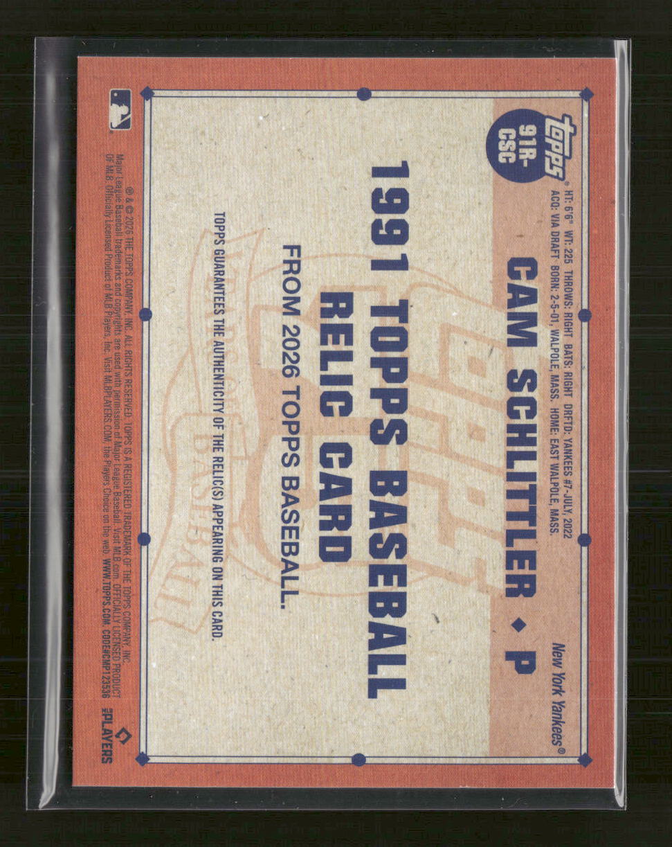 2026 Topps 1991 Baseball 35th Anniversary Relics Cam Schlittler #91R-CSC