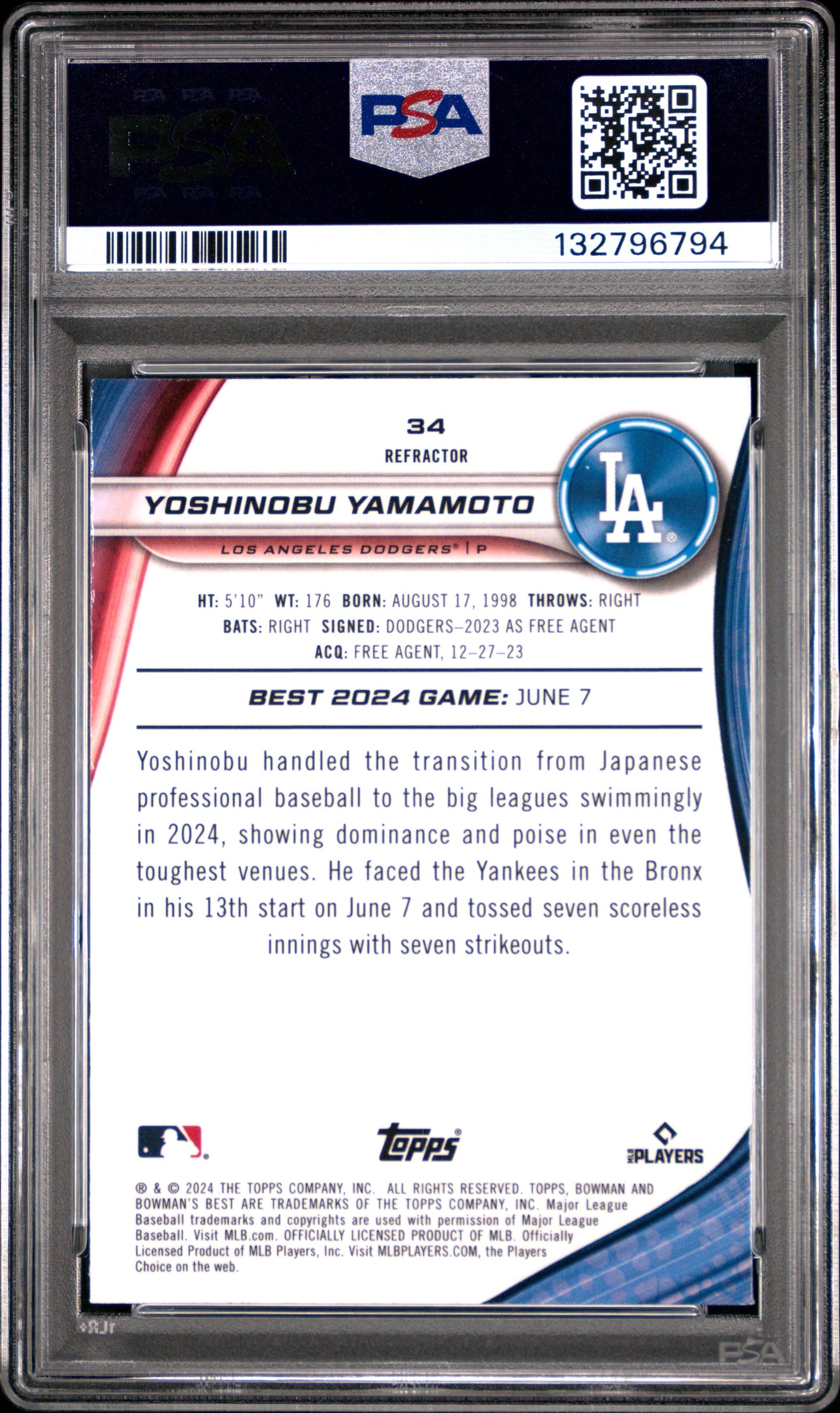 2024 Bowman'S Best Refractor Yoshinobu Yamamoto 10 PSA #34