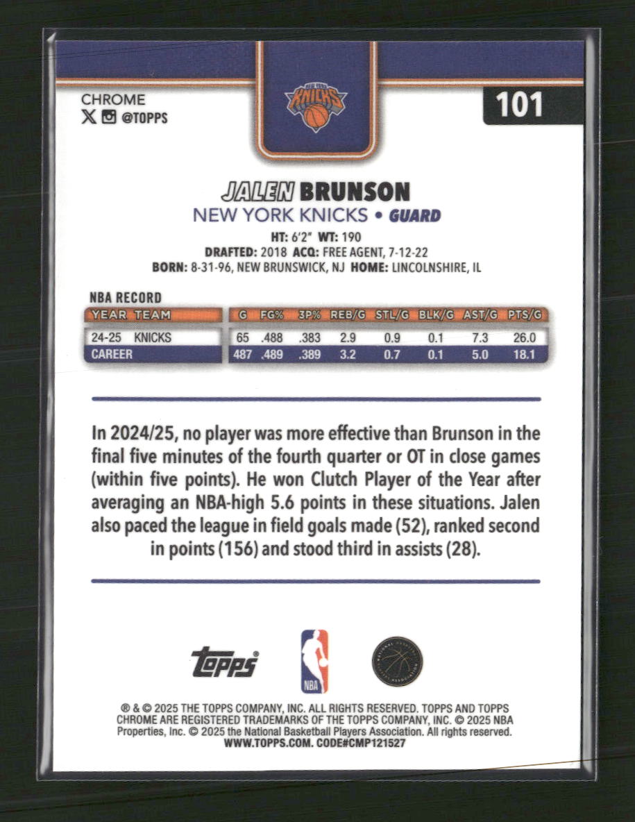 2025-26 Topps Chrome Blue X-Fractor Jalen Brunson #101