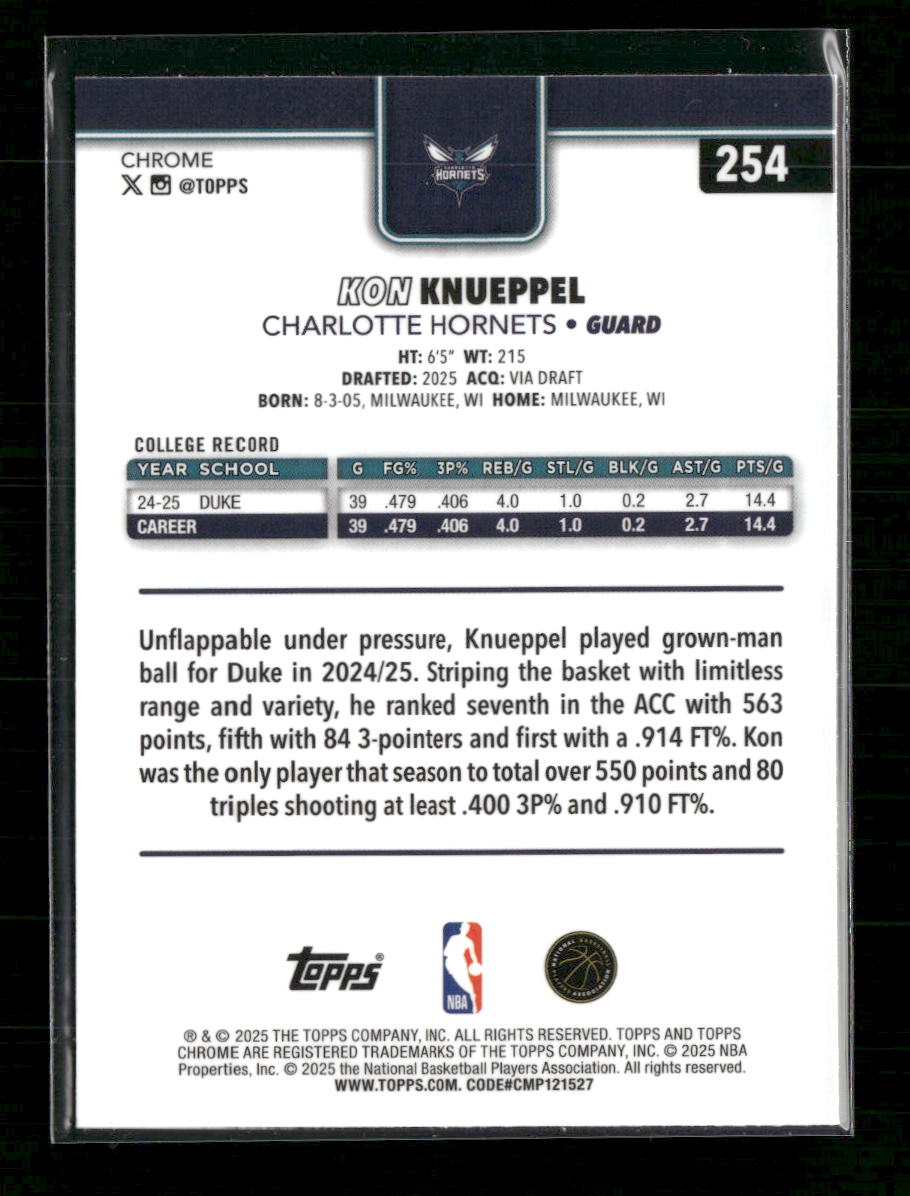 2025-26 Topps Chrome Refractor Kon Knueppel Rookie #254