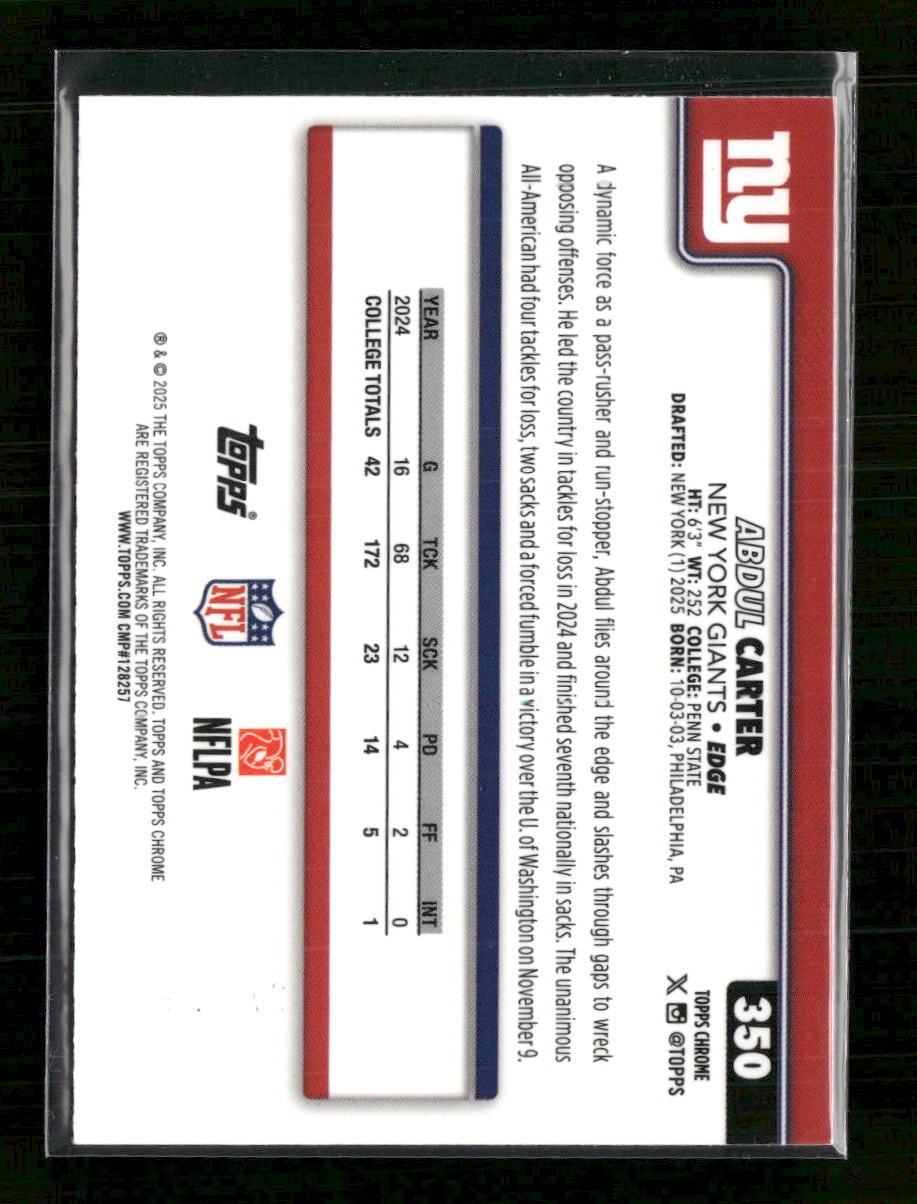 2025 Topps Chrome Teal Wave Refractor Abdul Carter Rookie #/299 #350