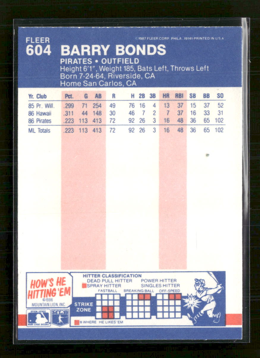 1987 Fleer Barry Bonds Rookie #604