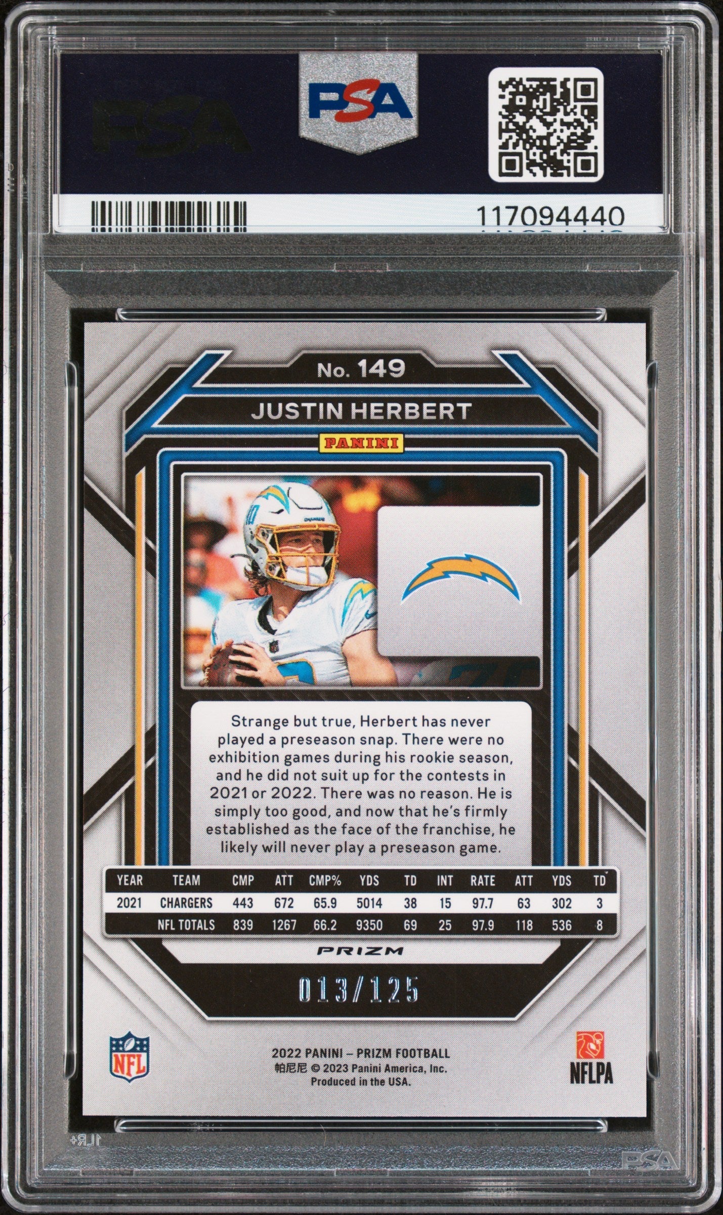 2022 Panini Prizm Purple Prizm Justin Herbert 9 PSA #149