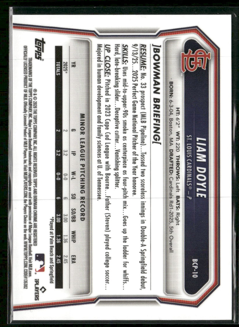 2026 Bowman Chrome Prospects Gold Refractor Liam Doyle #/50 #BCP-10
