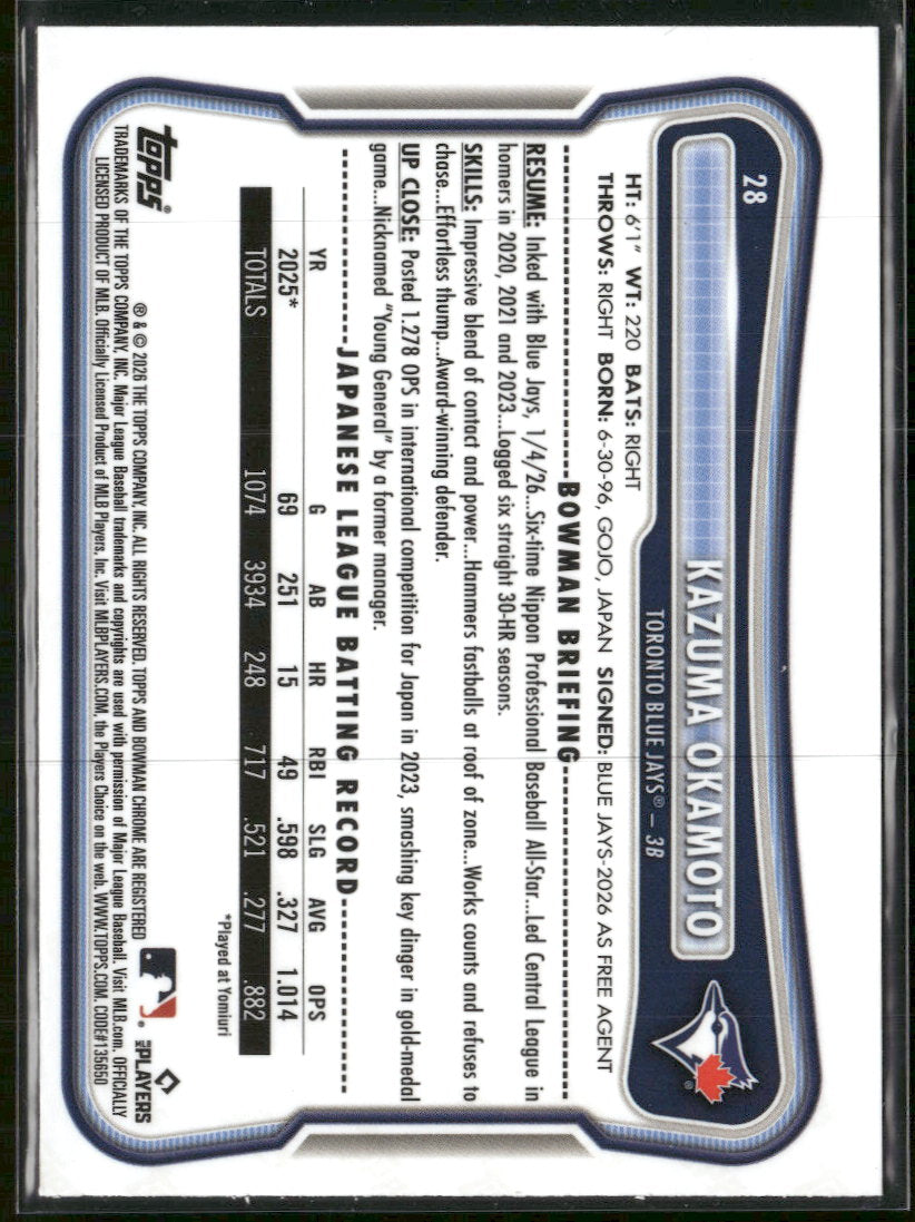 2026 Bowman Rookie Red RC Logo Kazuma Okamoto Rookie #28