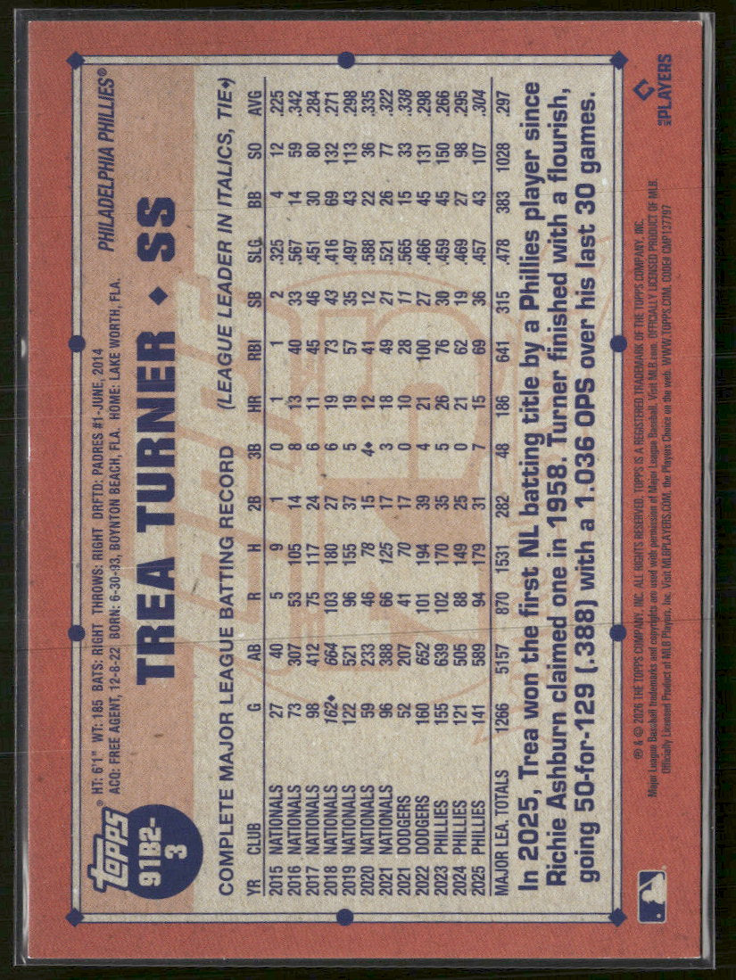 2026 Topps 1991 Baseball 75th Anniversary Gold Crackle #/50 Trea Turner #91B2-3