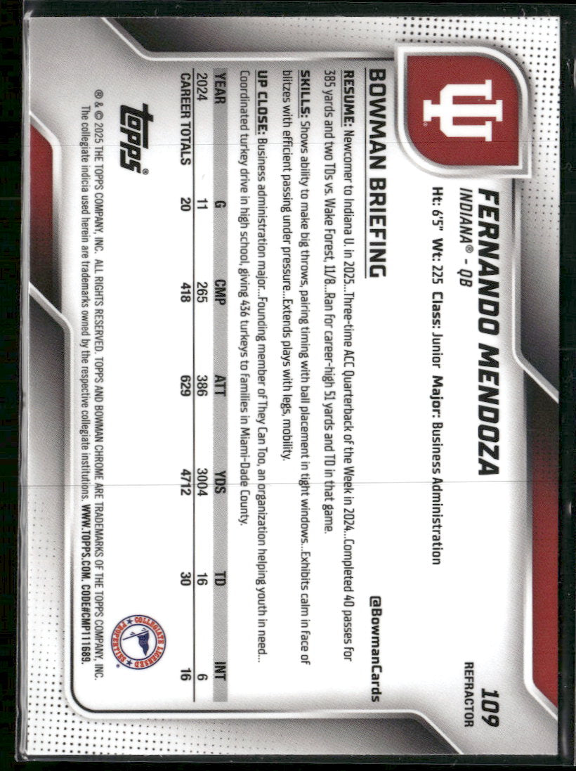 2025 Bowman University Chrome Refractor Fernando Mendoza #109