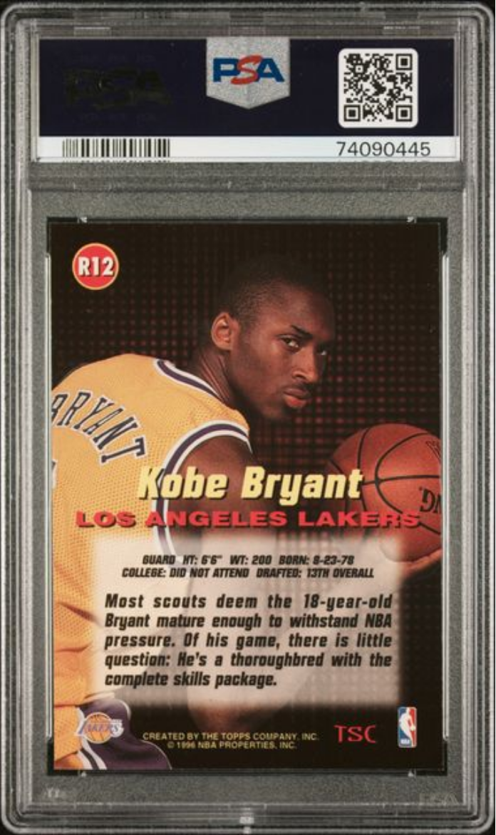 Graded 1996 Stadium Club Kobe Bryant #R12 Rookies 1 Rookie RC Basketball Card PSA 9 Mint