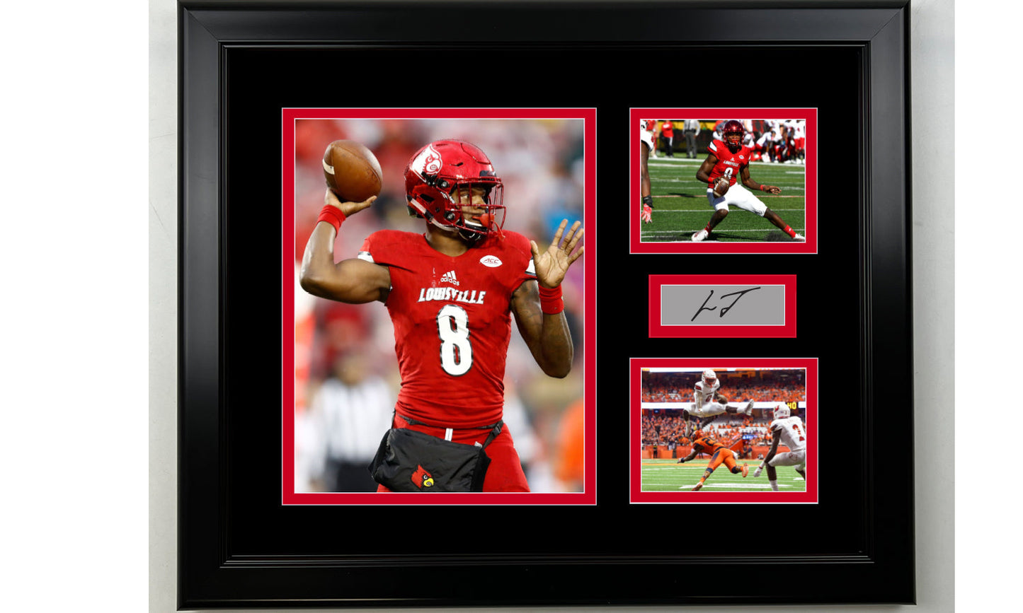 Framed Lamar Jackson Louisville Cardinals Facsimile Laser Engraved Signature NCAA Football 14x11 3 Photo Collage