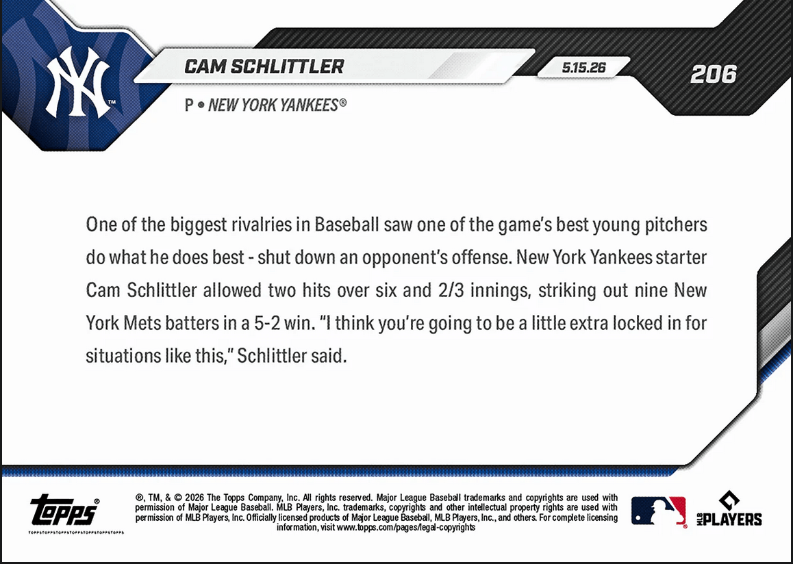 2026 Topps Now Cam Schlittler #206 Dazzles with 9Ks in Winning Subway Series Debut New York Yankees Rookie RC Baseball Card