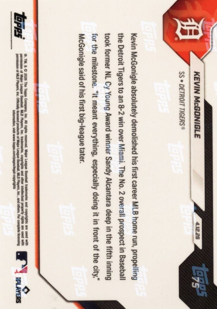 2026 Topps Now Kevin McGonigle #75 Red Foil /5 Blasts 1st Carer MLB Home Run in Series Sweep Detroit Tigers Rookie RC Baseball Card