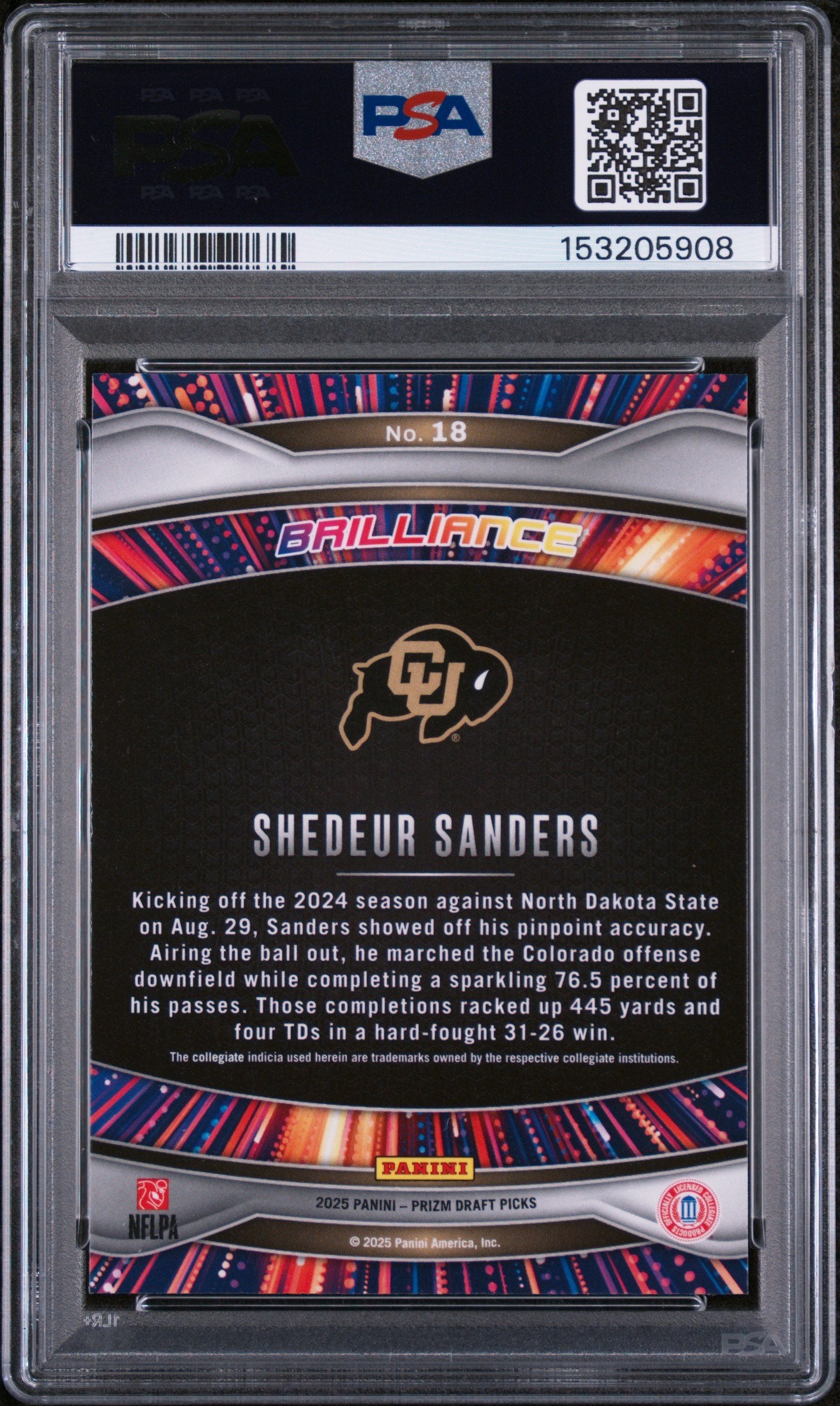 Graded 2025 Panini Prizm Draft Picks Shedeur Sanders #18 Brilliance Rookie RC Football Card PSA 10 Gem