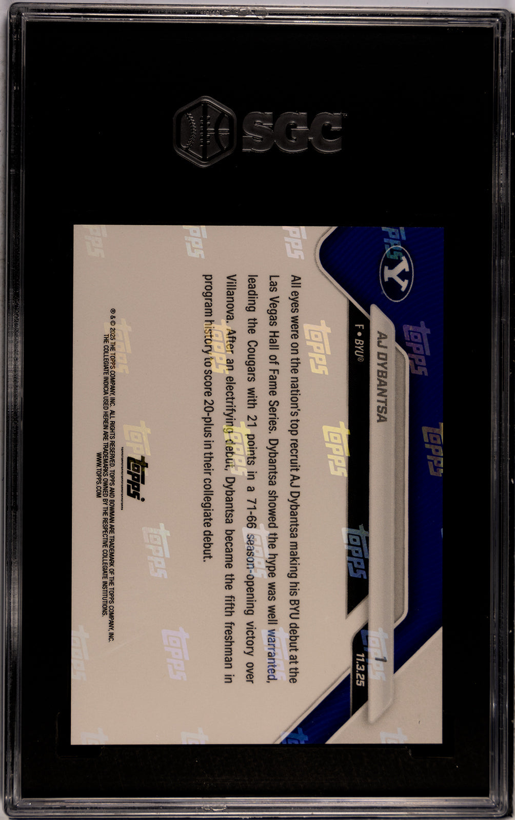 Graded 2025 Topps Bowman U Now AJ Dybantsa #1 Rookie RC Basketball Card SGC 9 Mint
