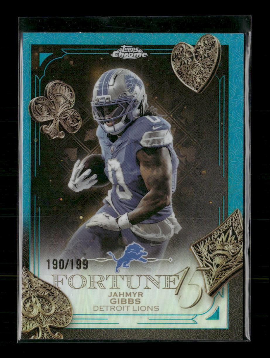 2025 Topps Chrome Fortune 15 Aqua Refractor Jahmyr Gibbs #/199 #F15-12