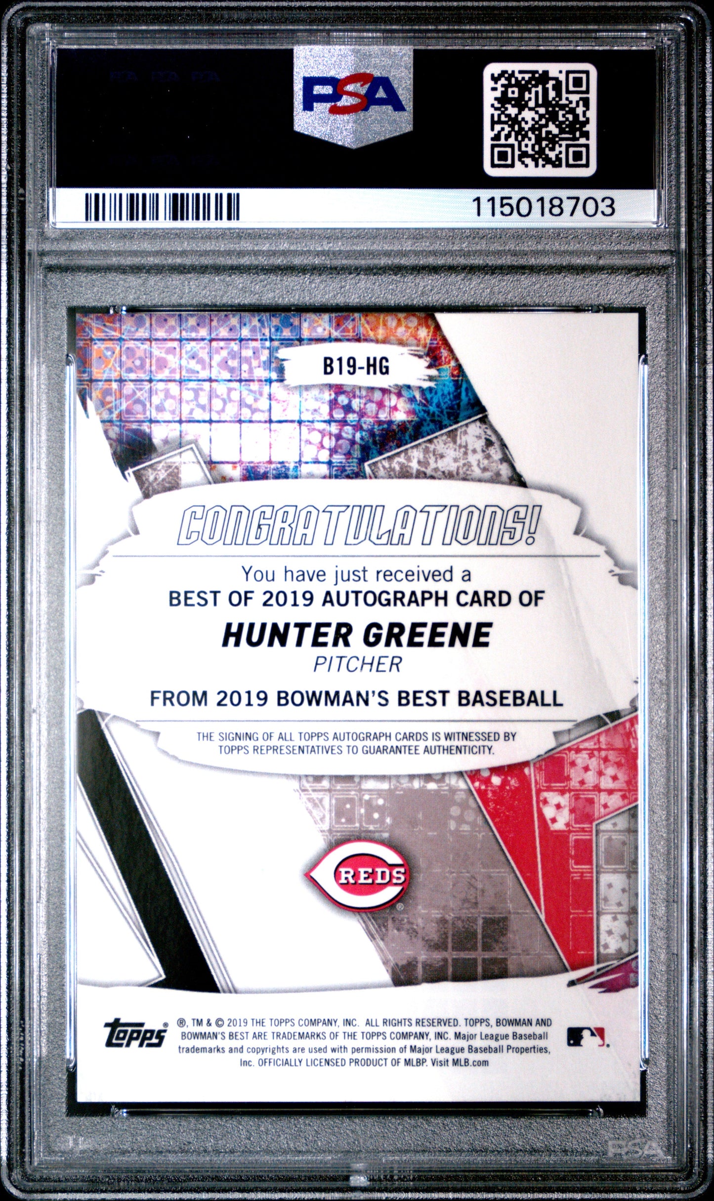 2019 Bowman'S Best Best Of 2019 Autographs Hunter Greene 10 PSA #B19HG