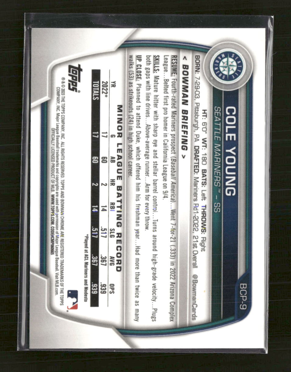 2023 Bowman Chrome Prospects Fuchsia Lunar Refractors Cole Young #/199 #BCP-9