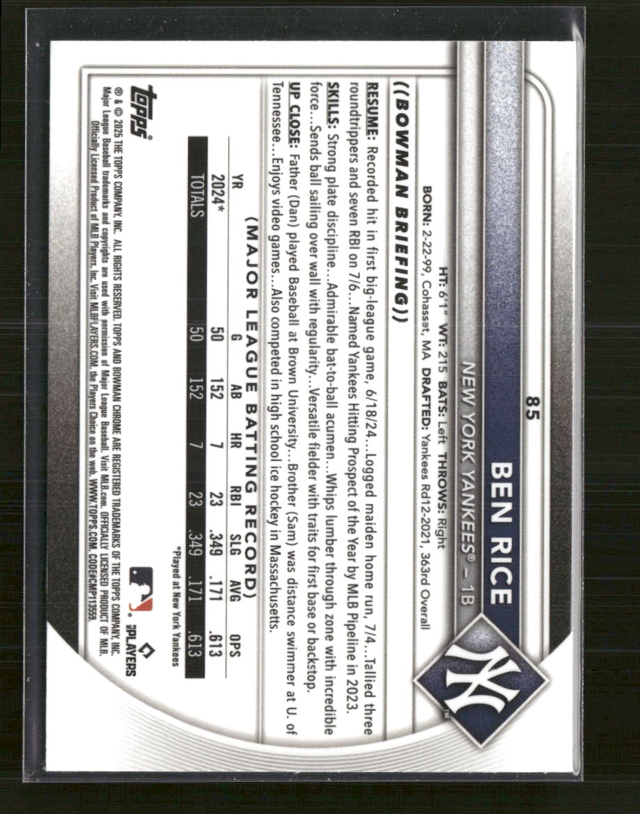 2025 Bowman Bowman Chrome Red Rookie Logo Ben Rice Rookie #85
