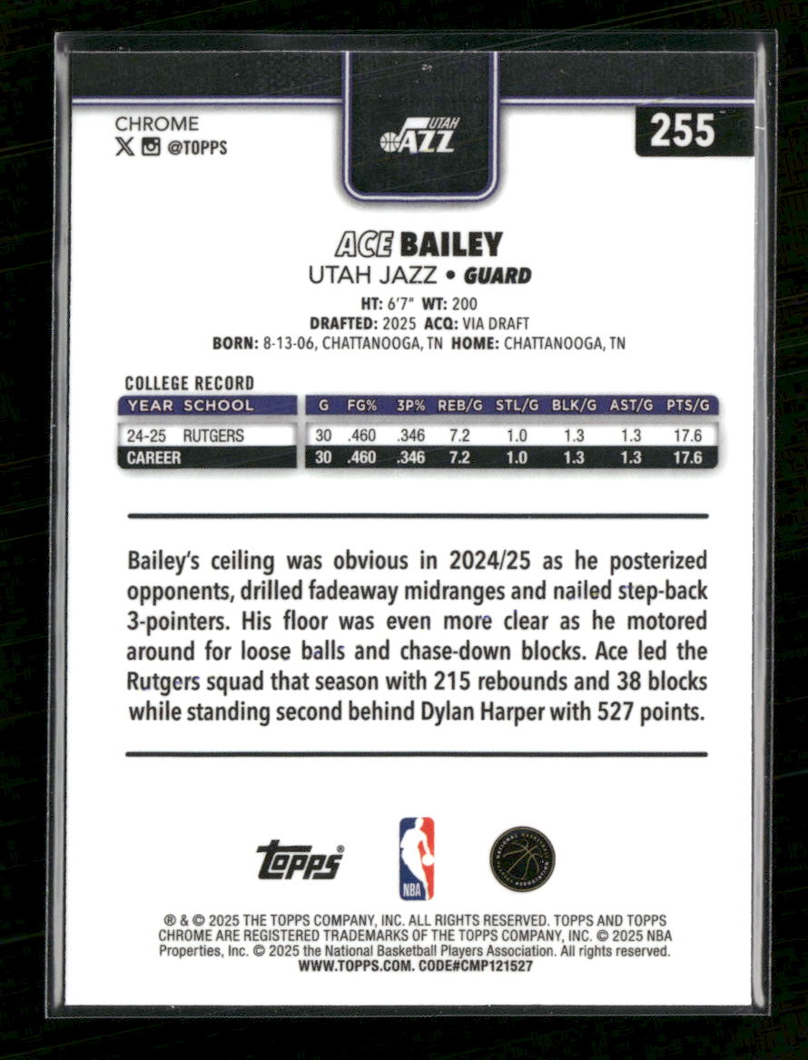2025-26 Topps Chrome Basketball Refractor Ace Bailey Rookie #255