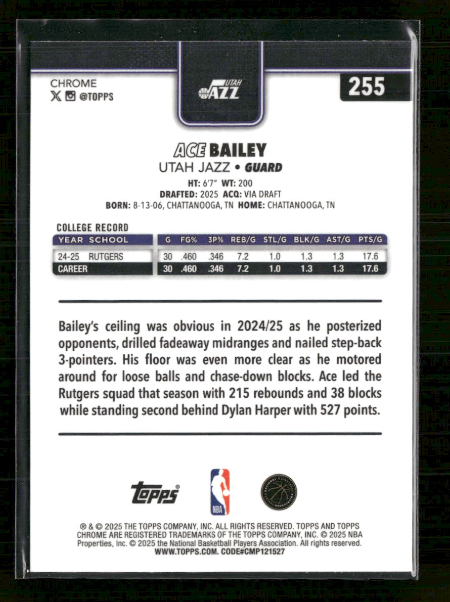2025-26 Topps Chrome Refractor Ace Bailey Rookie #255