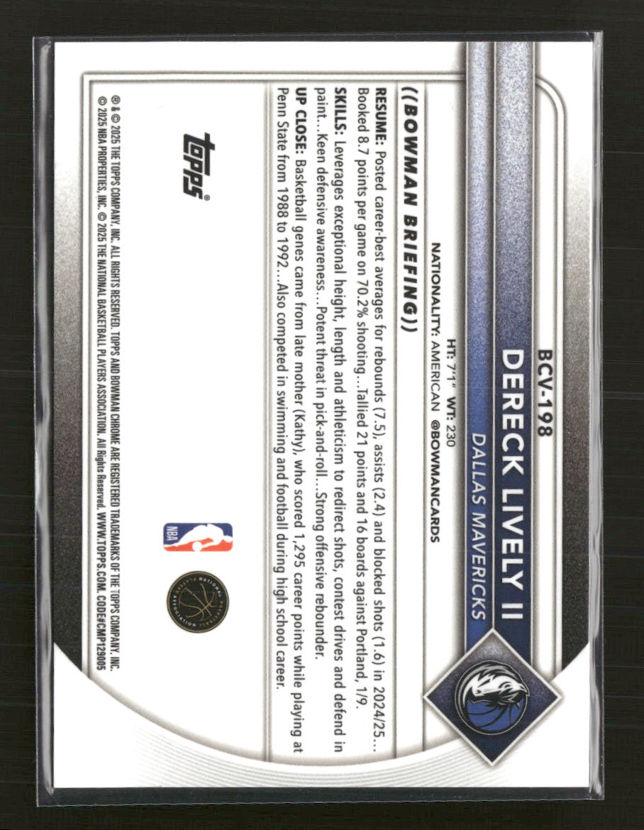 2025-26 Bowman Chrome Rose Gold Refractor Dereck Lively II #/15 #BCV-198
