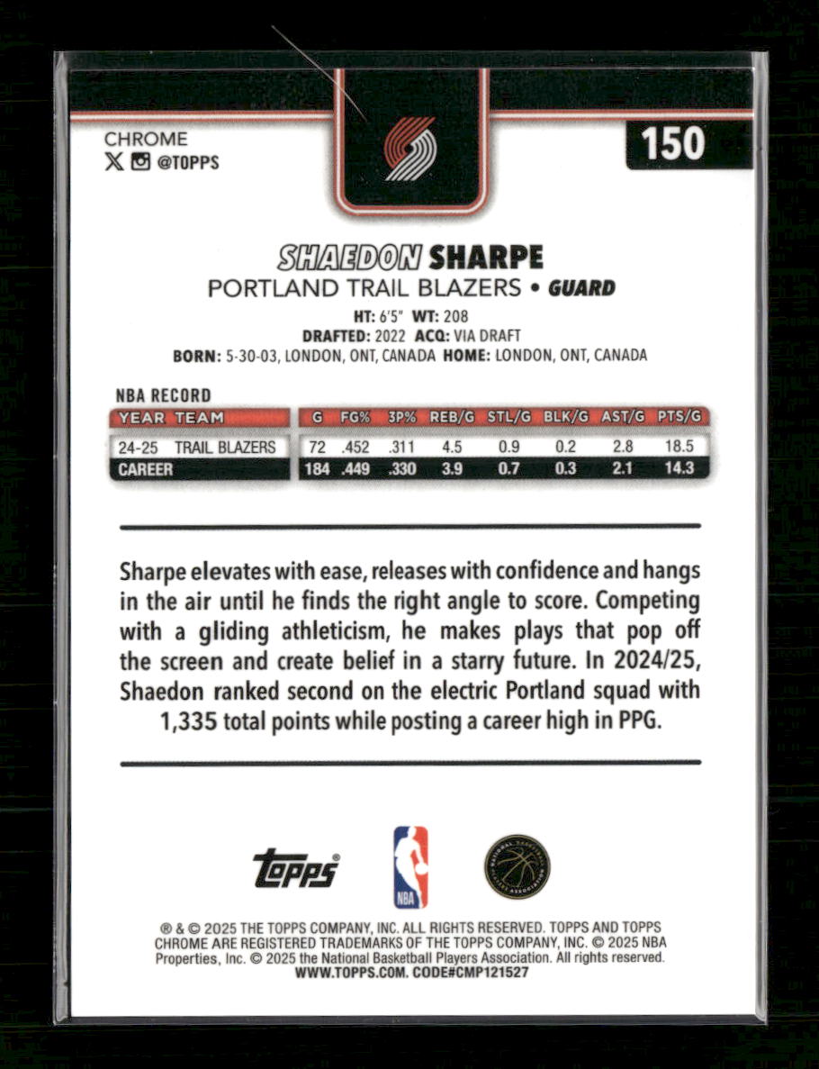 2025-26 Topps Chrome Gold Refractor Shaedon Sharpe #150