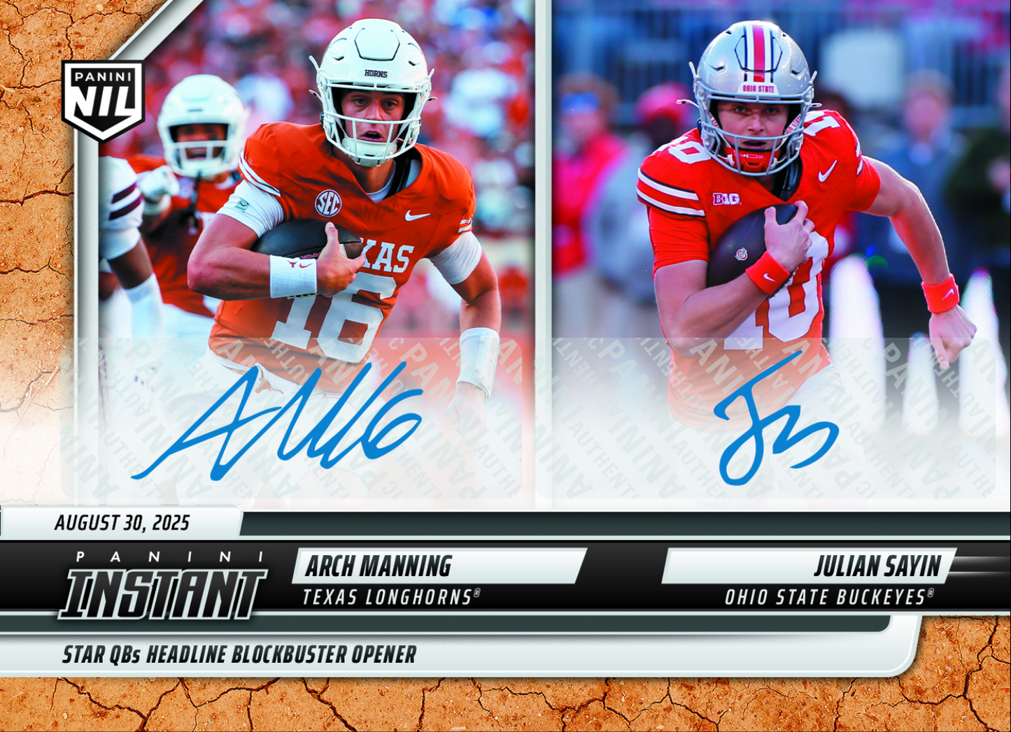 2025 Panini Instant Arch Manning/Julian Sayin #AMJSA Earth Auto /25 Rookie RC Football Card
